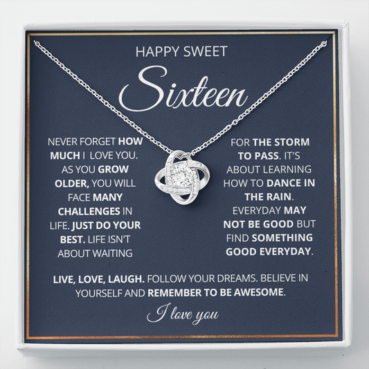 Happy Sweet 16 - Love Knot Necklace - Remember to Be Awesome Message Card Gift