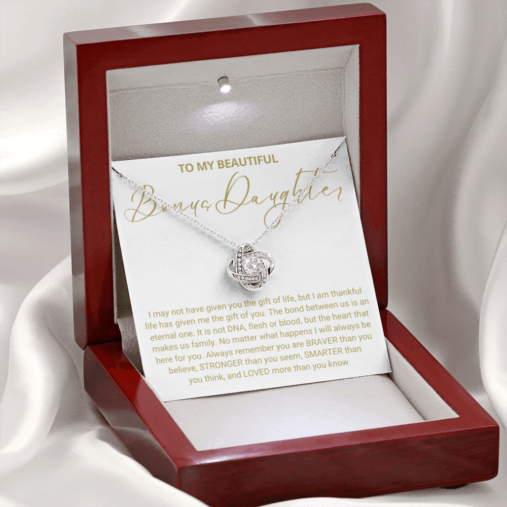 To My Bonus Daughter - Love Knot Necklace - Always Be Here for You Message Card Gift