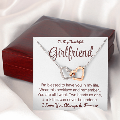 To My Girlfriend - Linked Hearts Necklace - You Are All I Want Message Card Gift