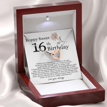 Happy 16th Birthday - Linked Hearts Necklace - I Believe in You Message Card Gift