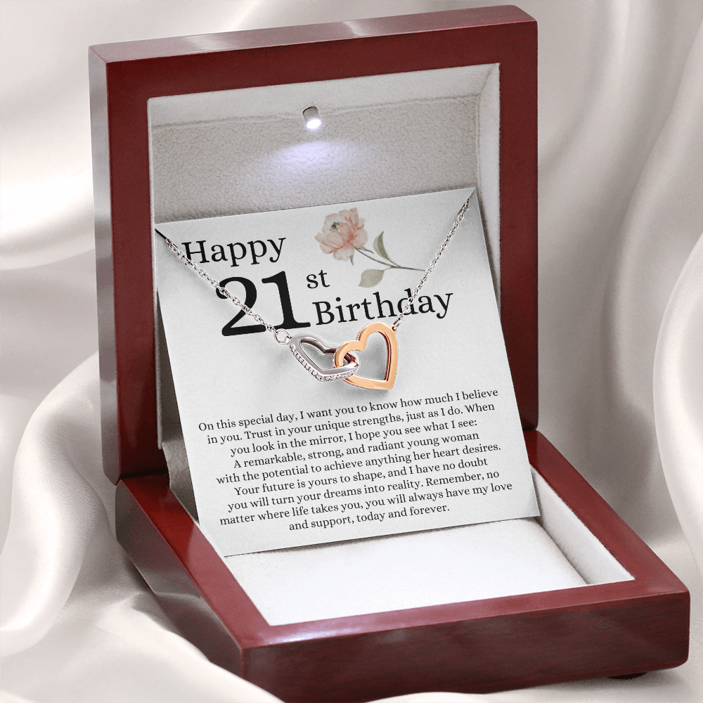 Happy 21st Birthday - Linked Hearts Necklace - I Believe in You Message Card Gift