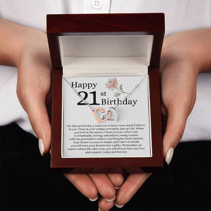 Happy 21st Birthday - Linked Hearts Necklace - I Believe in You Message Card Gift