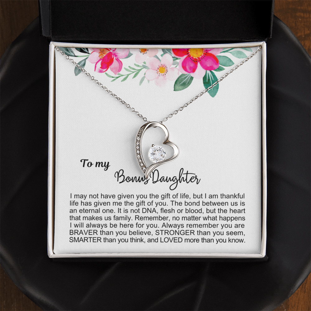 To My Bonus Daughter - Love Heart Necklace - Always Here For You Message Card Gift