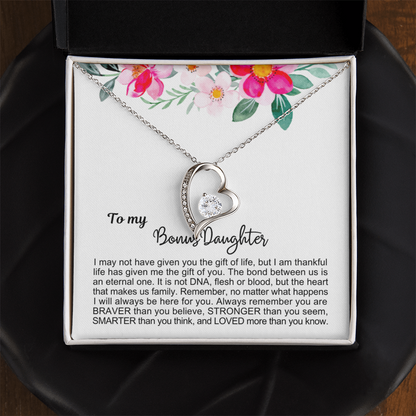 To My Bonus Daughter - Love Heart Necklace - Always Here For You Message Card Gift