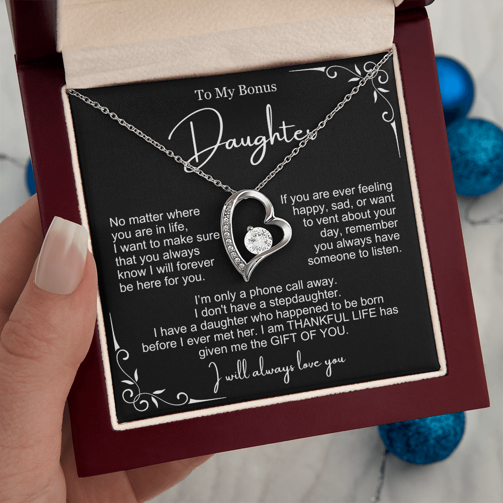 To My Bonus Daughter - Love Heart Necklace - You Are My Gift Message Card Gift