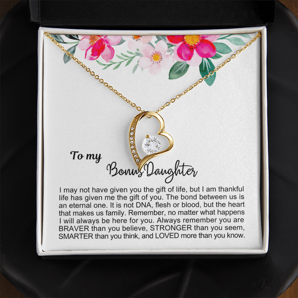 To My Bonus Daughter - Love Heart Necklace - Always Here For You Message Card Gift