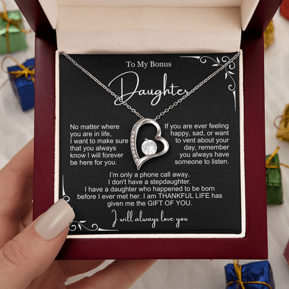 To My Bonus Daughter - Love Heart Necklace - You Are My Gift Message Card Gift