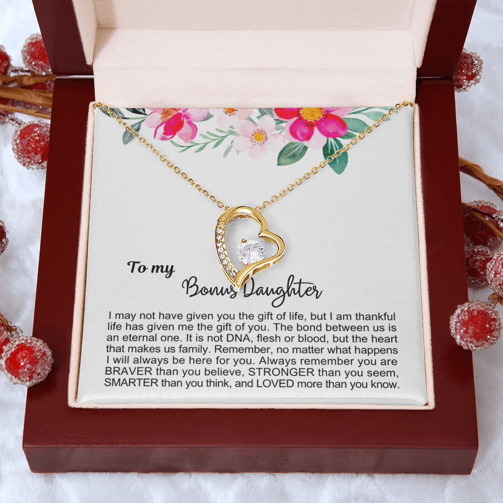 To My Bonus Daughter - Love Heart Necklace - Always Here For You Message Card Gift