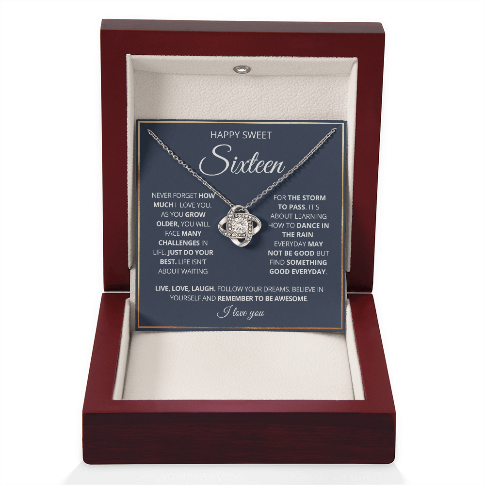 Happy Sweet 16 - Love Knot Necklace - Remember to Be Awesome Message Card Gift