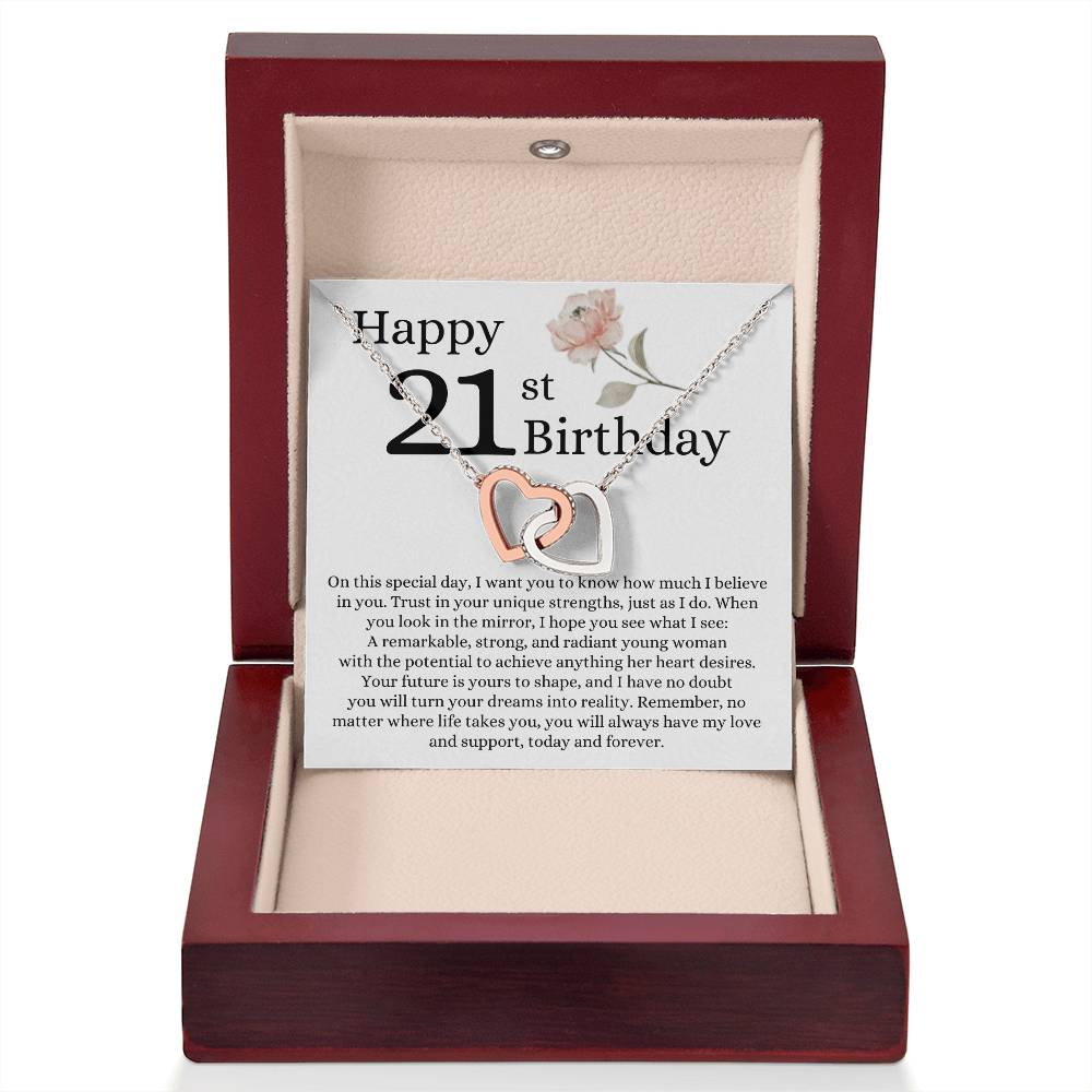 Happy 21st Birthday - Linked Hearts Necklace - I Believe in You Message Card Gift