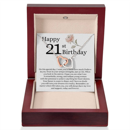 Happy 21st Birthday - Linked Hearts Necklace - I Believe in You Message Card Gift