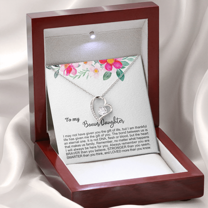 To My Bonus Daughter - Love Heart Necklace - Always Here For You Message Card Gift