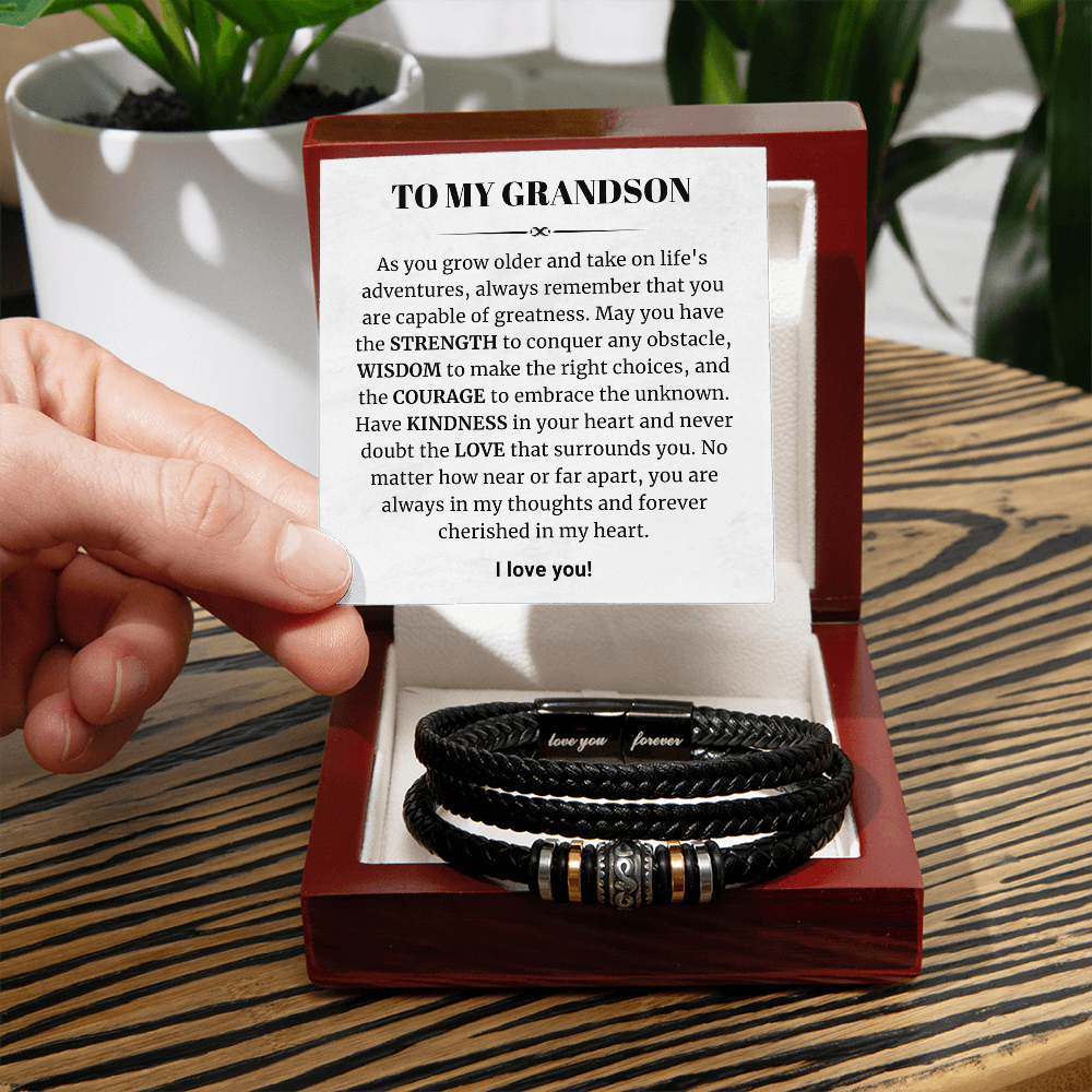 To My Grandson - Love You Forever Bracelet - Forever Cherished in My Heart Message Card Gift