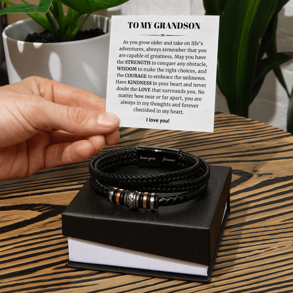 To My Grandson - Love You Forever Bracelet - Forever Cherished in My Heart Message Card Gift