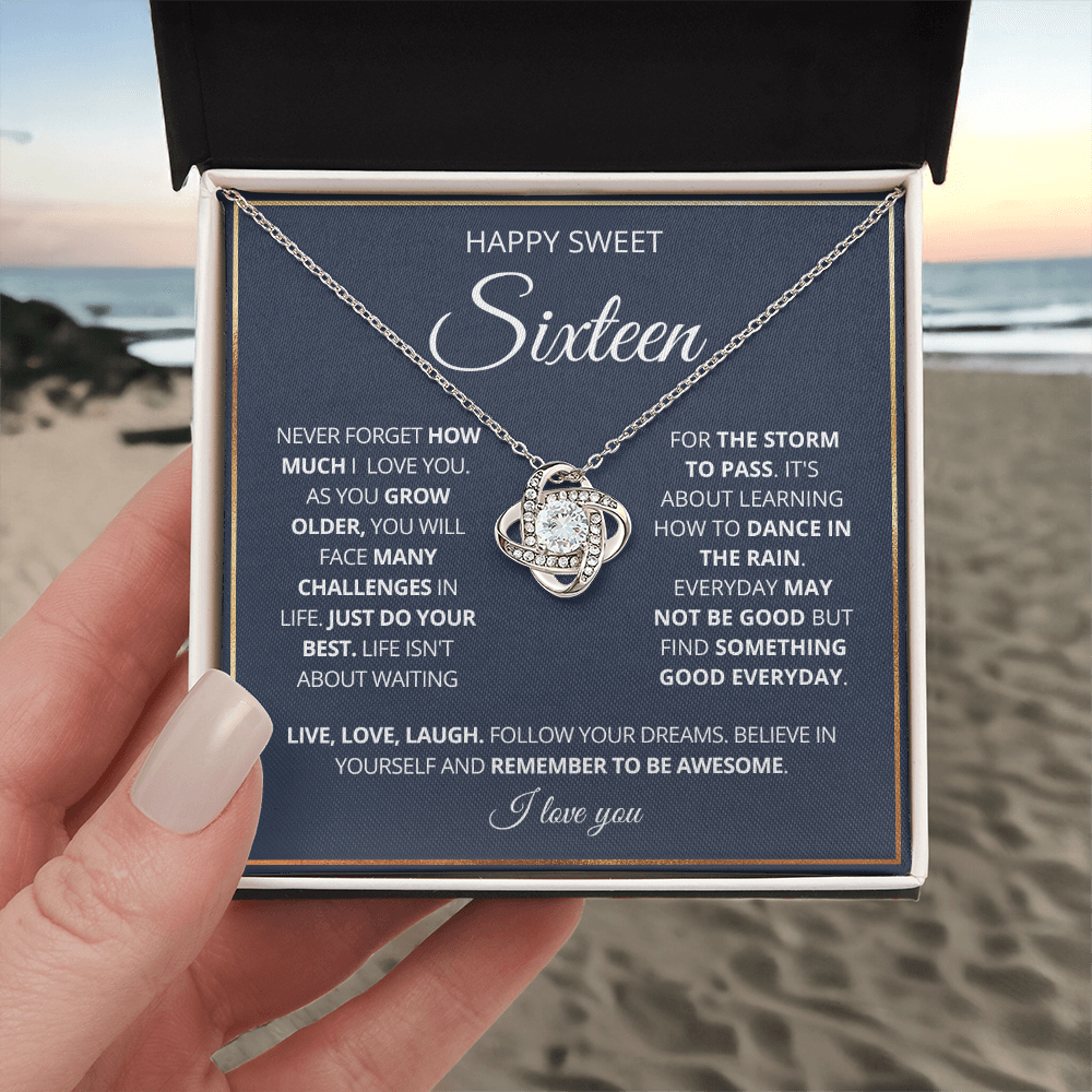 Happy Sweet 16 - Love Knot Necklace - Remember to Be Awesome Message Card Gift