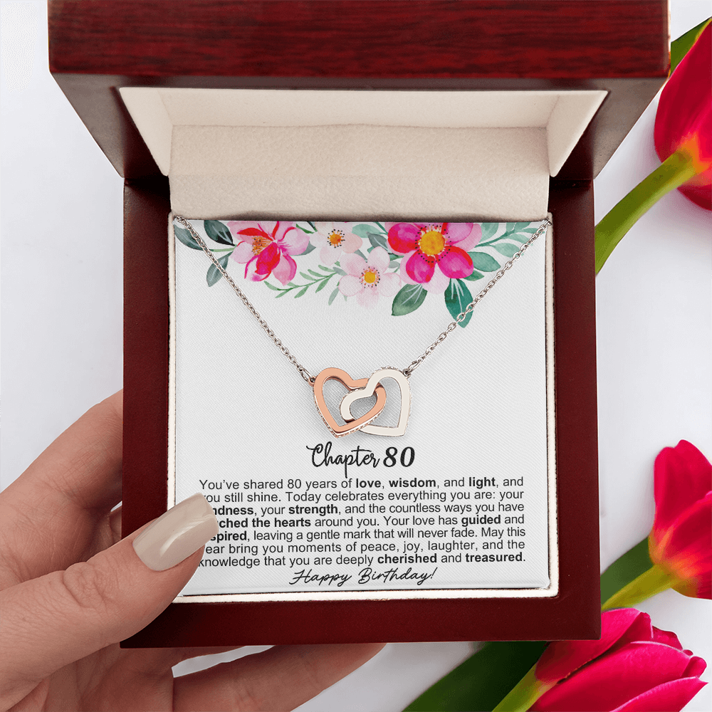 Happy 80th Birthday - Linked Hearts Necklace - You Are Cherished Message Card Gift