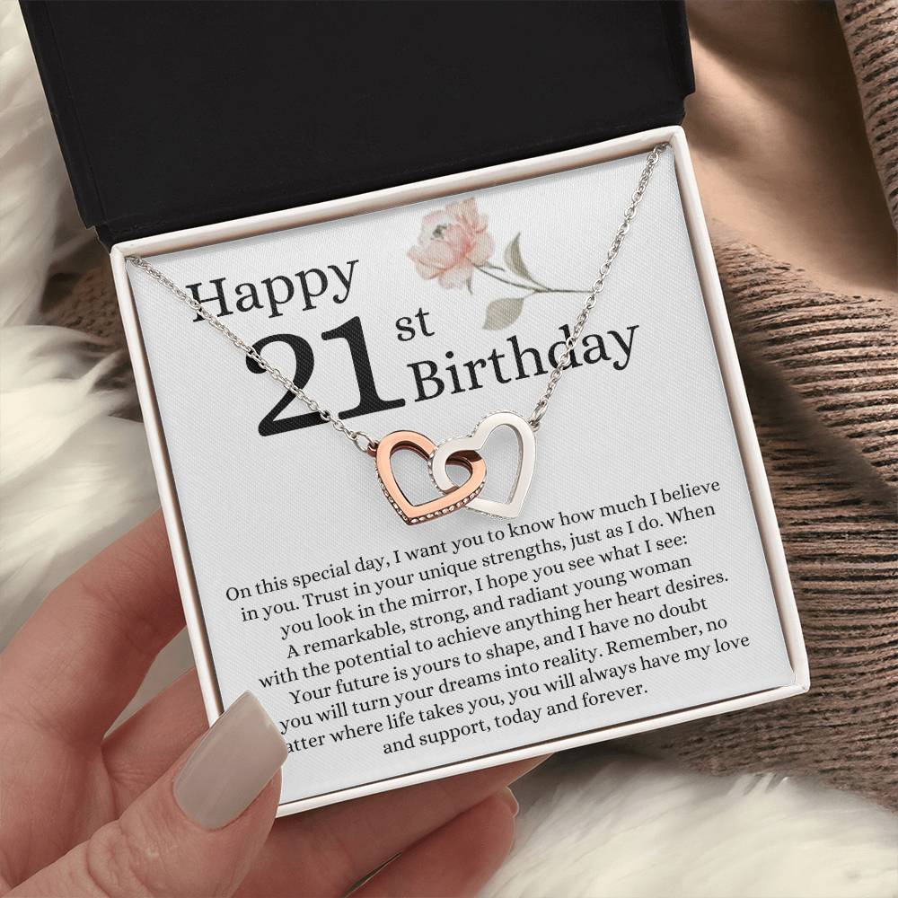 Happy 21st Birthday - Linked Hearts Necklace - I Believe in You Message Card Gift