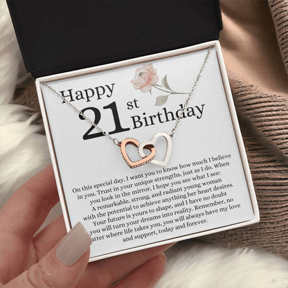Happy 21st Birthday - Linked Hearts Necklace - I Believe in You Message Card Gift