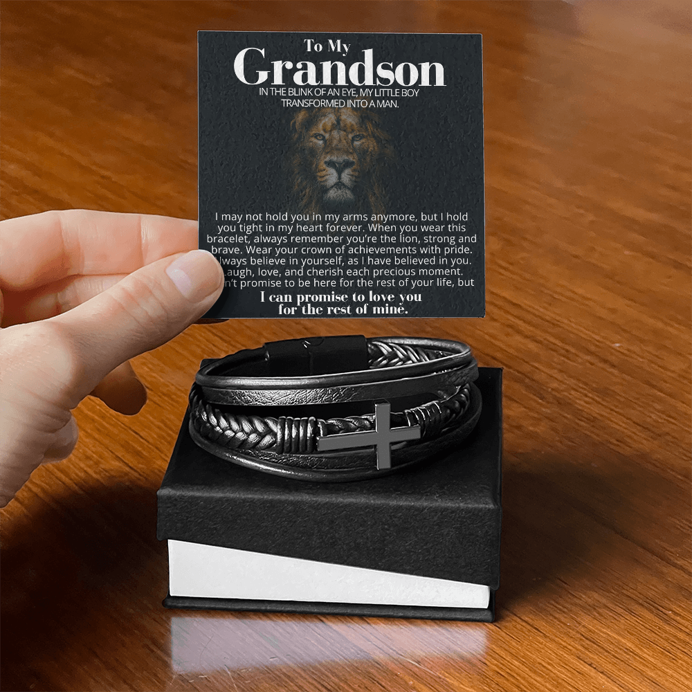 To My Grandson - Cross Bracelet - You Are the Lion Message Card Gift