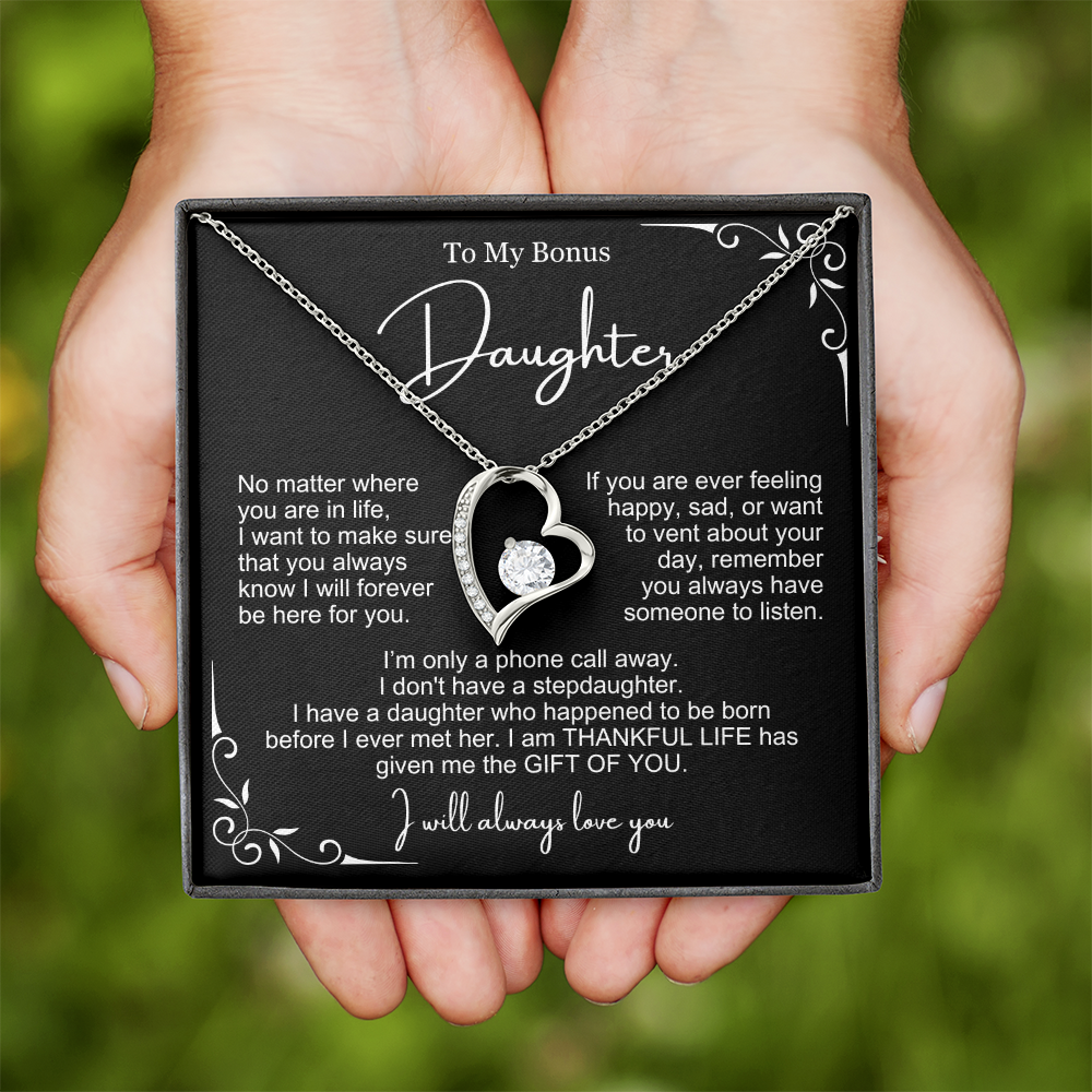 To My Bonus Daughter - Love Heart Necklace - You Are My Gift Message Card Gift