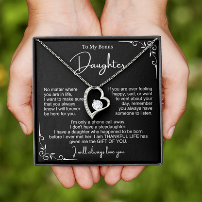 To My Bonus Daughter - Love Heart Necklace - You Are My Gift Message Card Gift