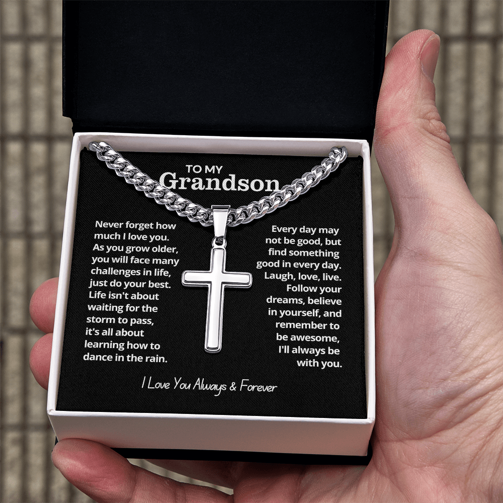 To My Grandson - Cuban Link Cross Necklace - I Love You Always & Forever Gift
