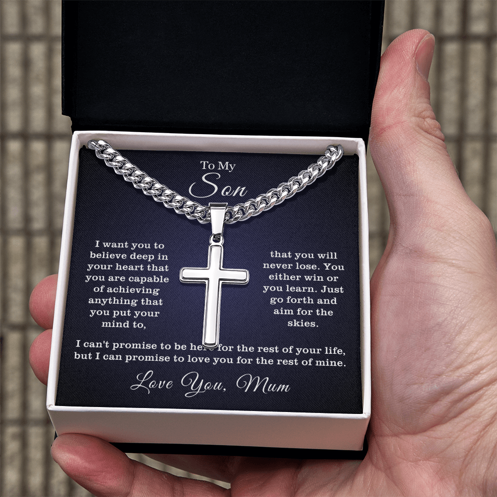 To My Son - Cuban Link Cross Necklace -Aim for the Skies Message Card Gift