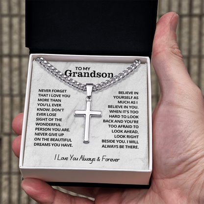 To My Grandson - Cuban Link Cross Necklace - I Love You Always & Forever Gift