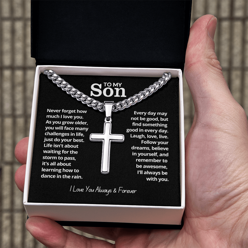 To My Son - Cuban Link Cross Necklace - I Love You Forever Message Card Gift