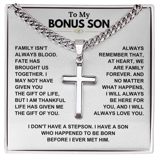 At Heart We Are Family Forever - Cuban Link Cross Necklace Gift for Bonus Son