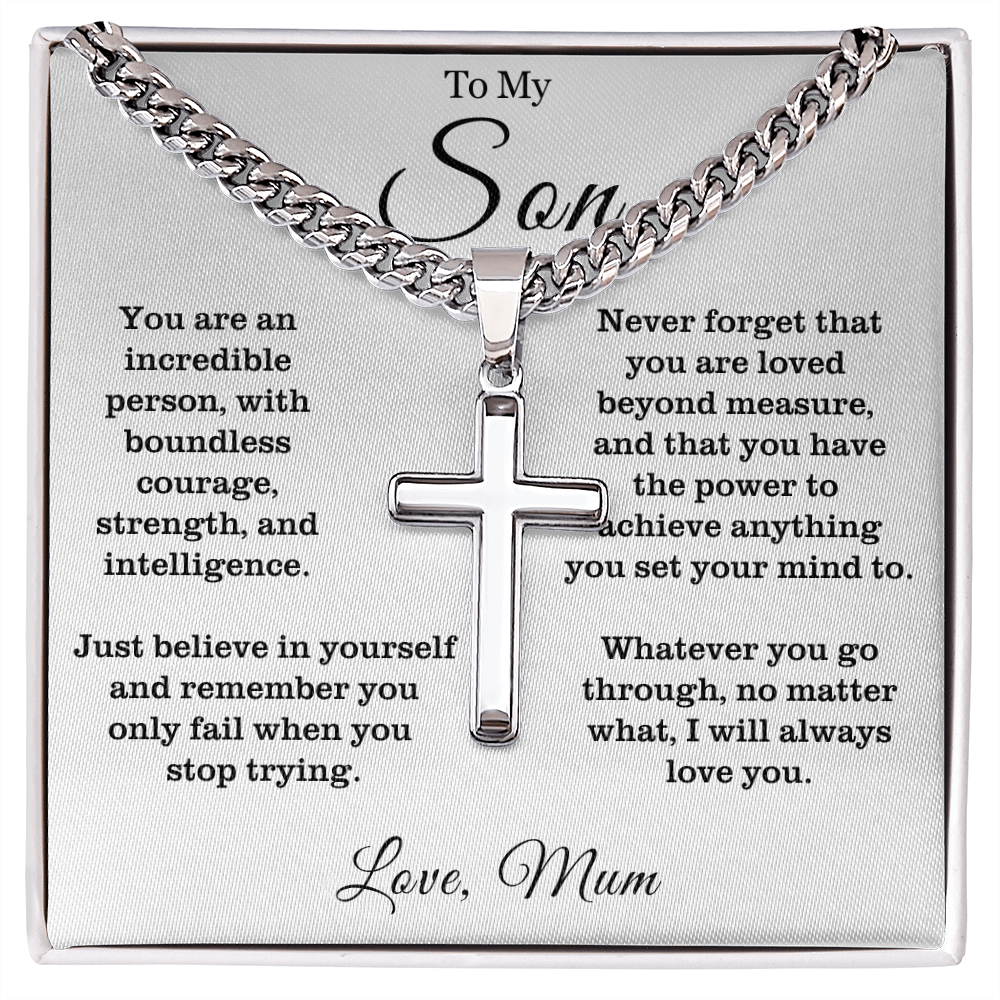To My Son - Cuban Link Cross Necklace - Always Love You Message Card Gift