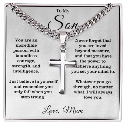 To My Son - Cuban Link Cross Necklace - Always Love You Message Card Gift