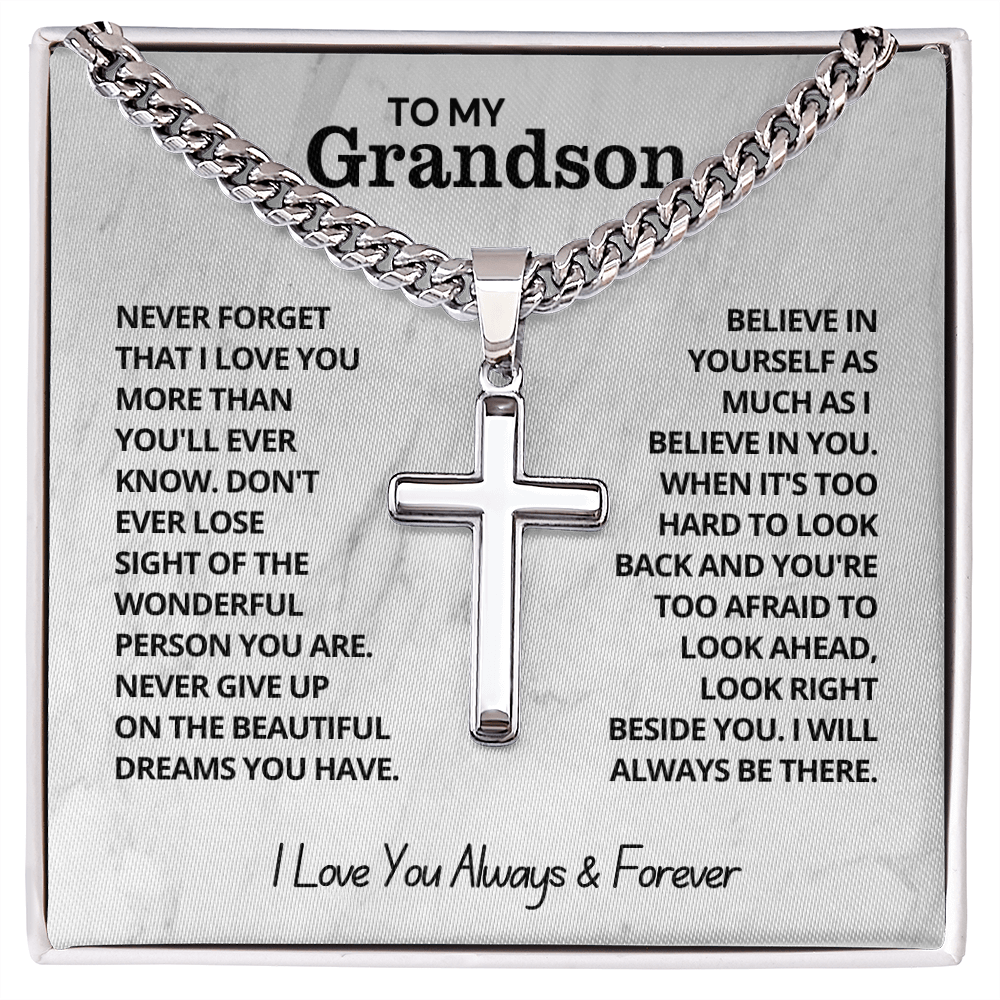 To My Grandson - Cuban Link Cross Necklace - I Love You Always & Forever Gift