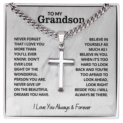 To My Grandson - Cuban Link Cross Necklace - I Love You Always & Forever Gift
