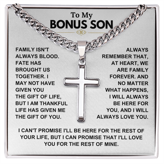 At Heart We Are Family Forever - Cuban Link Cross Necklace Gift for Bonus Son