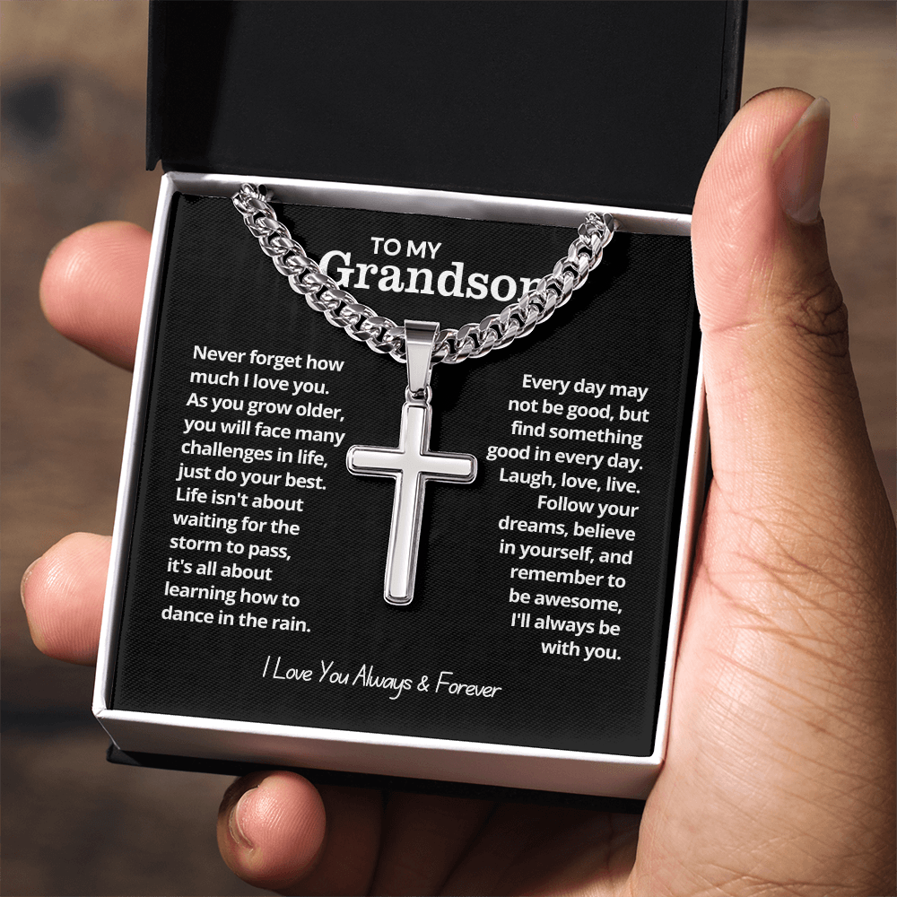To My Grandson - Cuban Link Cross Necklace - I Love You Always & Forever Gift