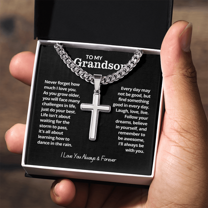 To My Grandson - Cuban Link Cross Necklace - I Love You Always & Forever Gift