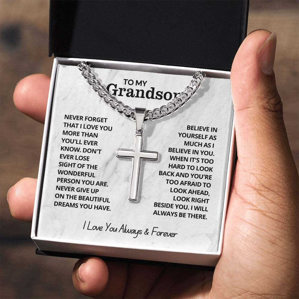 To My Grandson - Cuban Link Cross Necklace - I Love You Always & Forever Gift