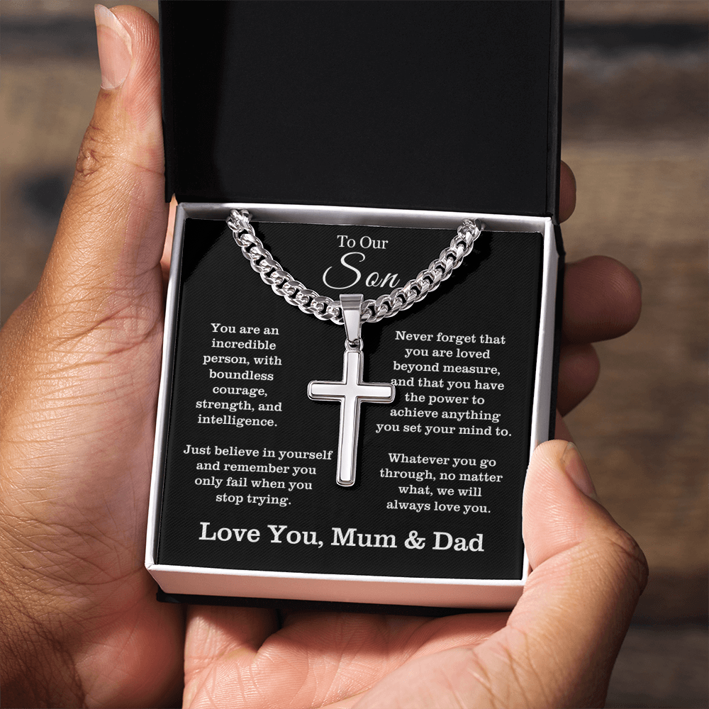 To Our Son - Cuban Link Cross Necklace - Always Love You Message Card Gift