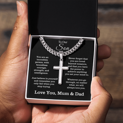 To Our Son - Cuban Link Cross Necklace - Always Love You Message Card Gift