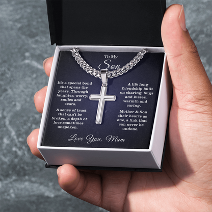 To My Son - Cuban Link Cross Necklace - Hearts As One Message Card Gift