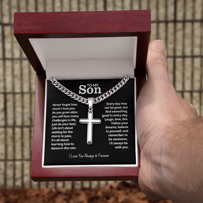 To My Son - Cuban Link Cross Necklace - I Love You Forever Message Card Gift