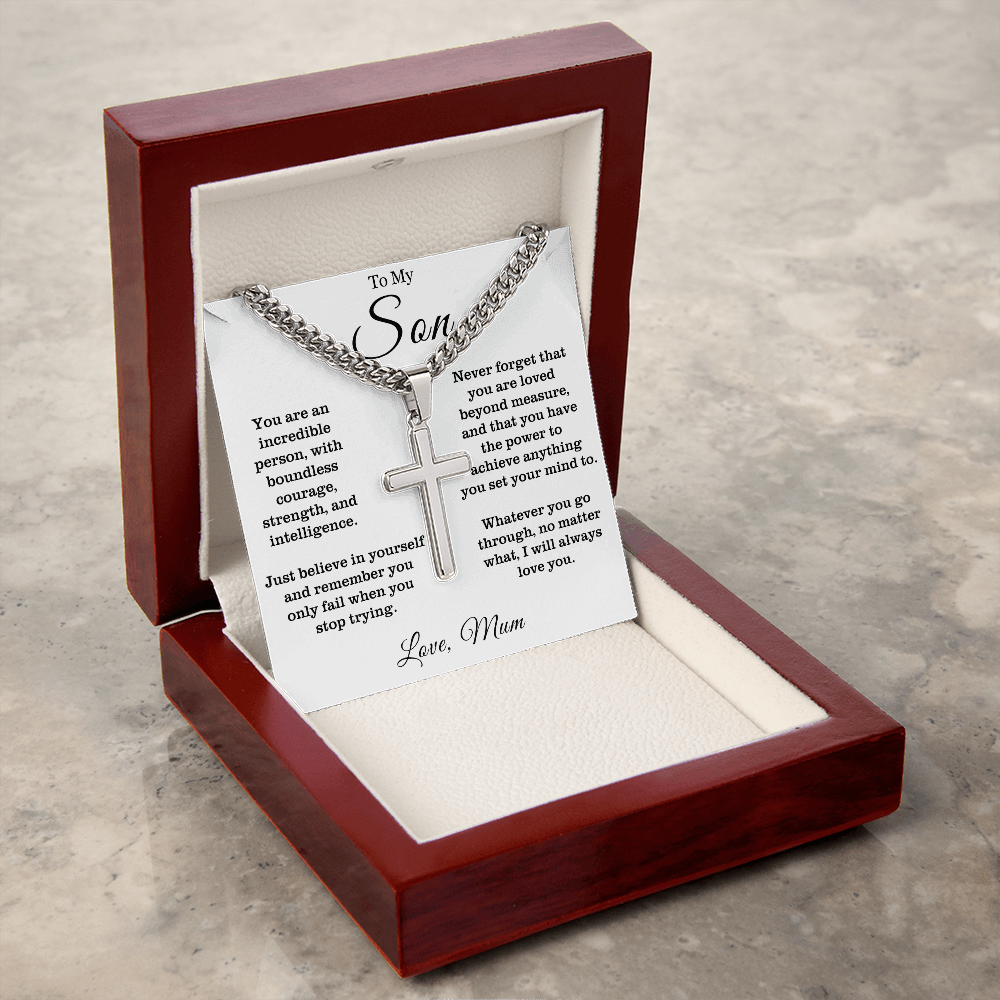 To My Son - Cuban Link Cross Necklace - Always Love You Message Card Gift
