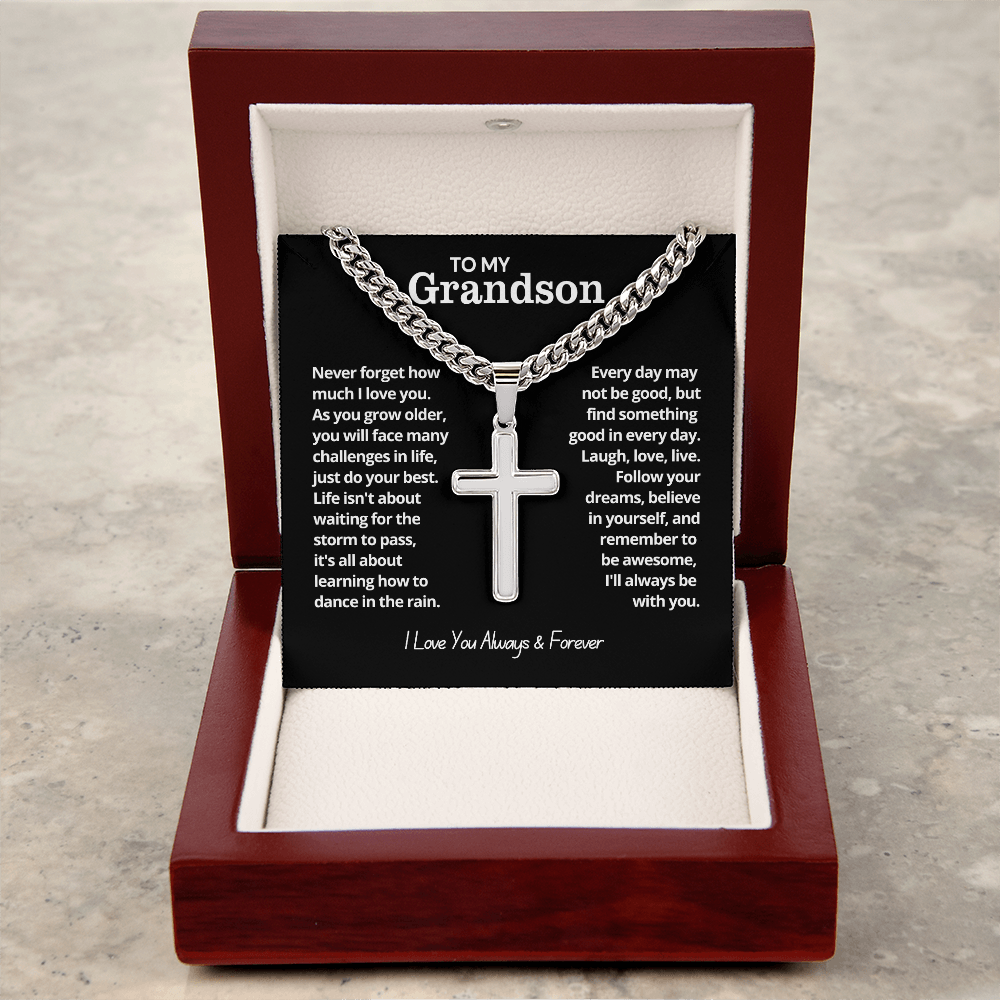 To My Grandson - Cuban Link Cross Necklace - I Love You Always & Forever Gift