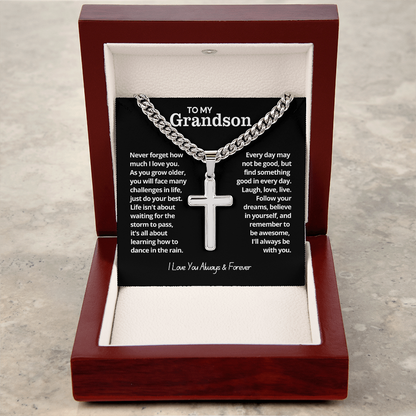 To My Grandson - Cuban Link Cross Necklace - I Love You Always & Forever Gift