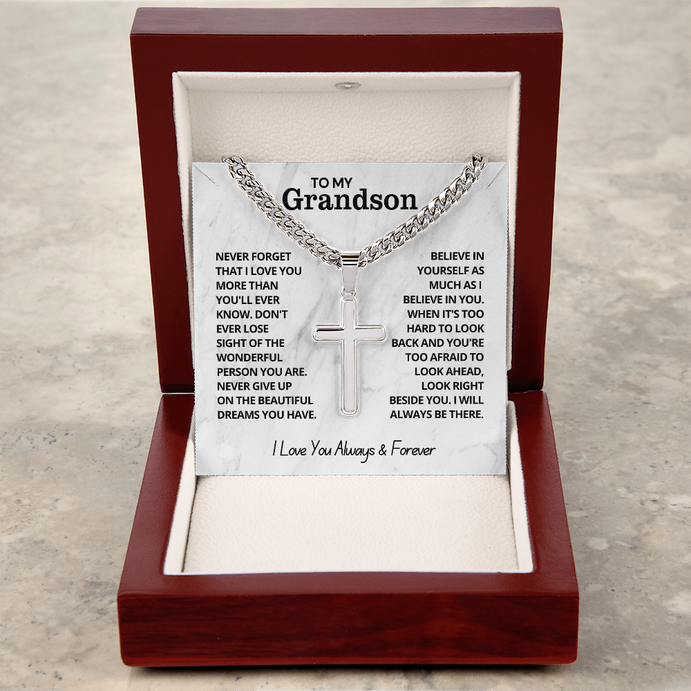 To My Grandson - Cuban Link Cross Necklace - I Love You Always & Forever Gift