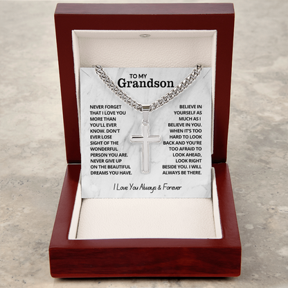 To My Grandson - Cuban Link Cross Necklace - I Love You Always & Forever Gift