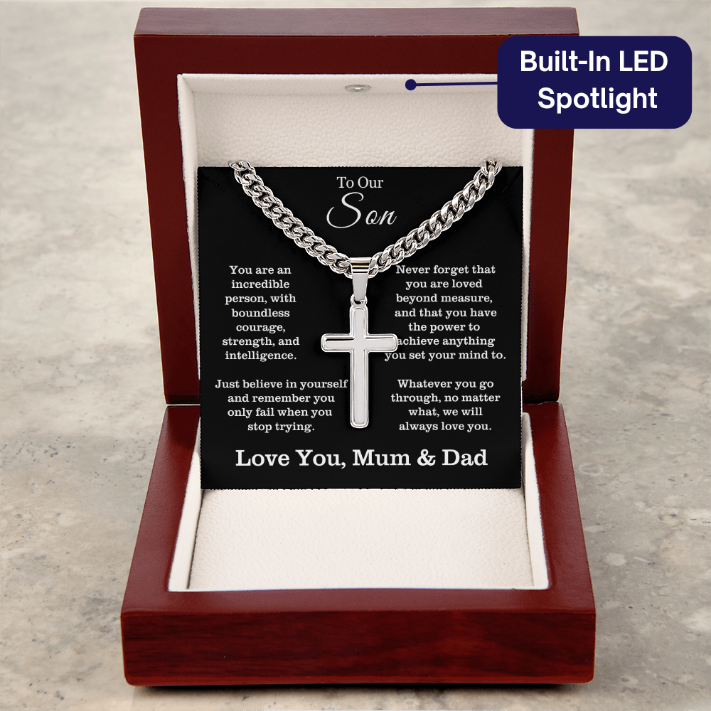 To Our Son - Cuban Link Cross Necklace - Always Love You Message Card Gift