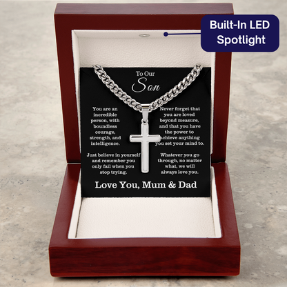 To Our Son - Cuban Link Cross Necklace - Always Love You Message Card Gift