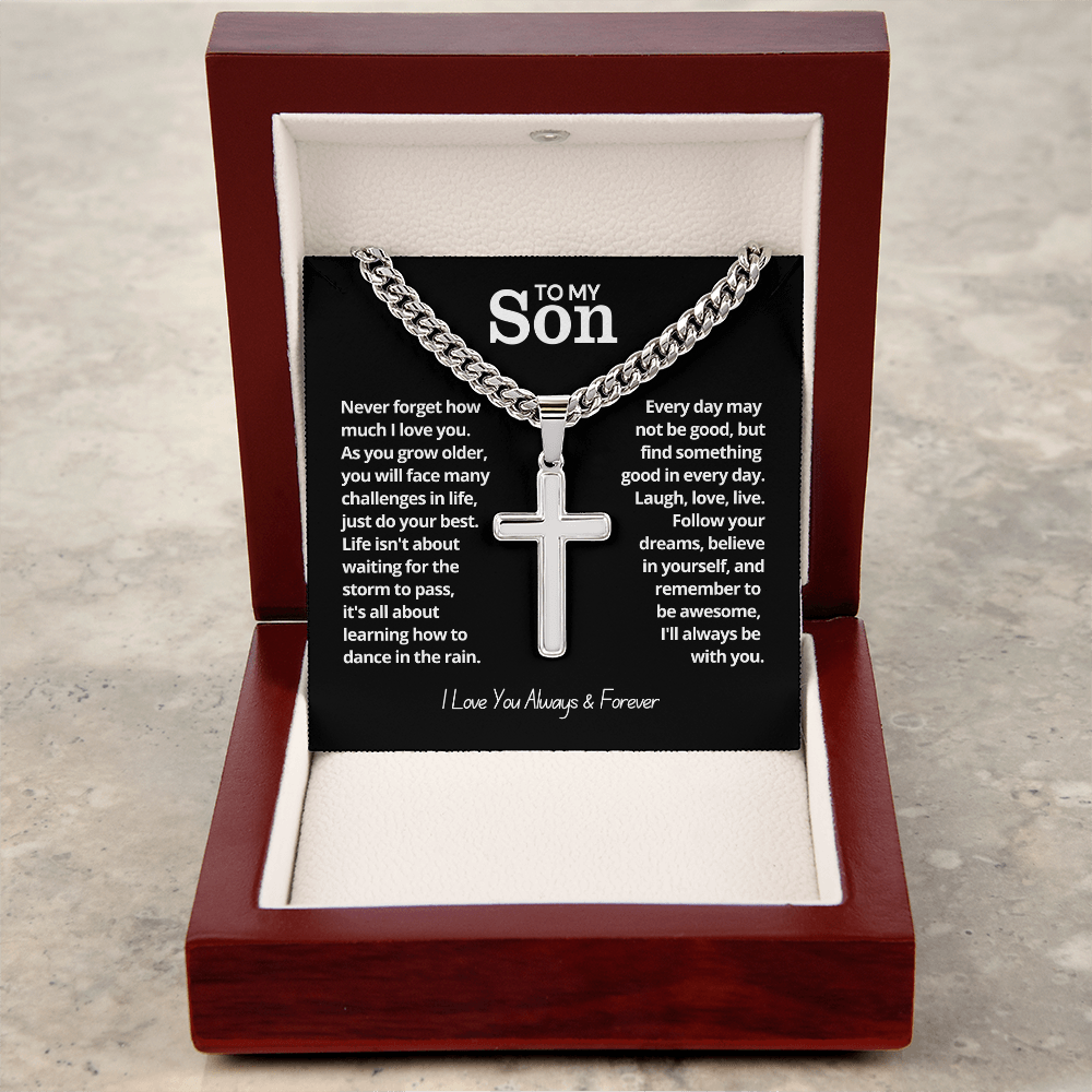 To My Son - Cuban Link Cross Necklace - I Love You Forever Message Card Gift